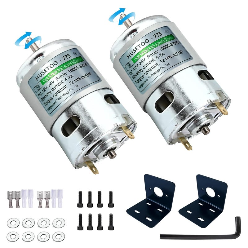 HUSETOO ‌12V 775 DC Motor - High Torque (Max 20000 RPM) Dual Ball Bearing, Built-in Cooling Fan for Power Wheels Upgrade 2pcs (Round Shaft, Includes Bracket-2Pack) - Image 1